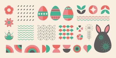 Easter geometric elements, simple geometric shapes and figures, symbols of the holiday. Religious celebration stickers with rabbit, flowers, patterns and eggs. illustration. vector