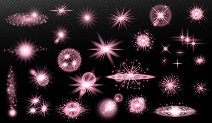 a collection of pink sparkles on a black background