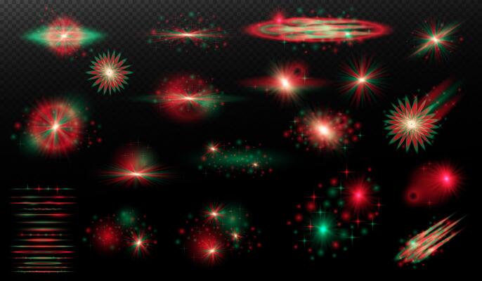 a collection of red and green fireworks