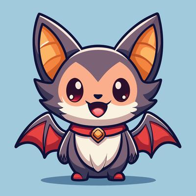 a cartoon bat character with big eyes and a red cape