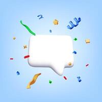 3d speech bubble with confetti isolated on blue. Render chat cloud with colorful confetti explosion. Geometric shapes with message for party, holiday, celebrations and birthday. vector