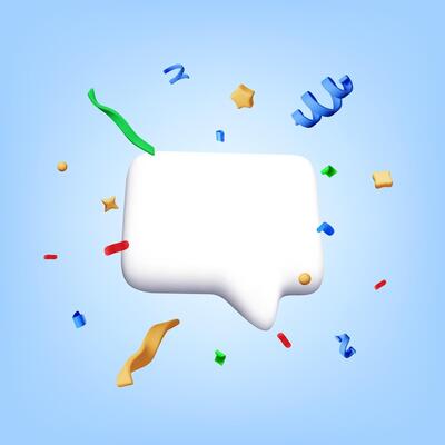 3d speech bubble with confetti isolated on blue. Render chat cloud with colorful confetti explosion. Geometric shapes with message for party, holiday, celebrations and birthday.