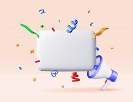 3D Megaphone with colorful confetti and blank sheet. Render megaphone realistic. Bullhorn or loudspeaker. Grand opening or sale. Announcement message birthday or holiday attention vector