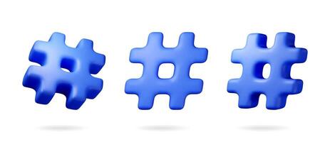 3d blue realistic hashtag symbol isolated on white. Render hash tag icon for social media. Chat message, communication, ad, search and online community vector