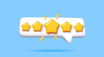 3D Colorful star shaped speech bubble on blue. Render chat balloon with five rating stars. Notification shape mockup. Communication, web, social network media, app button vector