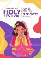Invitation to the festival of Holi. Colorful printable template for the festival of colors in India with girl in traditional clothes and bright spots. cartoon card vector