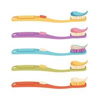 Baby toothbrushes with toothpaste. Set of colorful toothbrushes in retro colors. Flat isolated elements vector