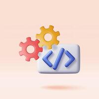 3d code icon and gear cogwheel isolated. Render computer software language symbol. Computer programming language. Web development code interface sign. vector