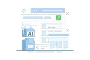 AI powered search results concept, Artificial intelligence integrated with search engine, AI search results, content based title, landing page, flat illustration in background. vector