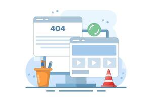 404 error fix concept, 404 Redirect, Website page redirect, System error, warning or maintenance, Fix server error. flat cartoon design on background. vector