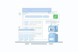 AI powered search results concept, Artificial intelligence integrated with search engine, AI search results, content based titles, landing page, simple flat design illustration in the background. vector