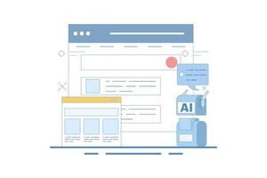AI powered search result concept, Artificial intelligence integrated with search engine, AI search result, content based title, landing page, flat cartoon design illustration in background. vector