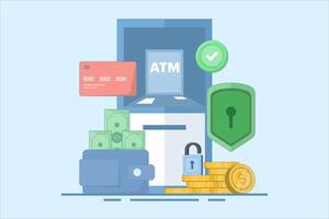 ATM security and protection concept. ATM machine or ATM. Security in using ATM machines. Technology and finance. ATM machines for transactions and money storage. Flat cartoon design illustration. vector