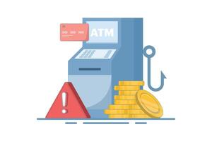 ATM security warning and protection concept. ATM or ATM machine. prevention of money theft in ATM machines. technology and finance. flat cartoon illustration on background. vector