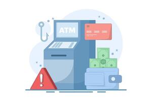 ATM security warning and protection concept. ATM or ATM machine. prevention of money theft at ATM machines. technology and finance. flat design illustration on background. vector