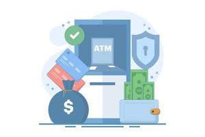 ATM security and protection concept. ATM machine or ATM. Security in using ATM machines. Technology and finance. ATM machine for transactions and money storage. Flat illustration on background. vector