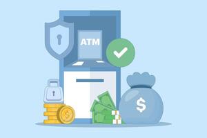 ATM security and protection concept. ATM machine or ATM. Security in using ATM machines. Technology and finance. ATM machines for transactions and money storage. flat cartoon design. vector