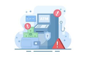 ATM security warning and protection concept. ATM or ATM machine. prevention of money theft at ATM machines. technology and finance. flat illustration on background. vector