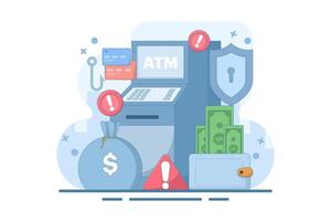 ATM security warning and protection concept. ATM or ATM machine. prevention of money theft at ATM machines. technology and finance. cartoon illustration on background. vector