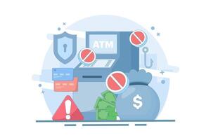 ATM security warning and protection concept. ATM or ATM machine. prevention of money theft at ATM machines. technology and finance. illustration on background. vector