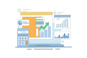 Business analysis expert concept. Conducting financial research, online data analysis reporting. Statistical and data analysis for business financial investment. Flat illustration. vector