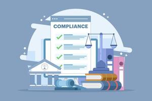 Compliance management concept. List of rules. Clipboard with tasks. Organizing efficient work processes and business ethics. Reviewing the list of business rules. Flat illustration. vector