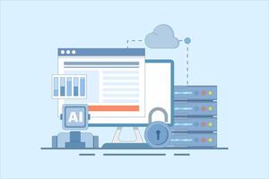 Cloud Server AI Service Concept, AI hosted on cloud server, Cloud hosting, cloud API for artificial intelligence, cloud computing technology, data network management. flat design cartoon. vector