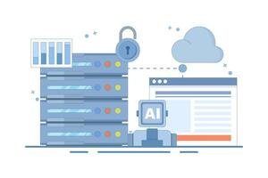 Cloud Server AI Service Concept, AI hosted on cloud server, Cloud hosting, cloud API for artificial intelligence, cloud computing technology, data network management. flat design illustration. vector
