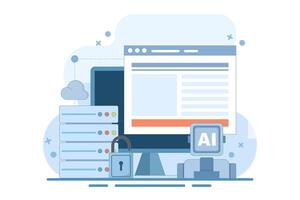 Cloud Server AI Service Concept, AI hosted on cloud server, Cloud hosting, cloud API for artificial intelligence, cloud computing technology, data network management. flat cartoon design. vector