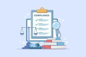 Compliance management concept. List of rules. Clipboard with tasks. Organizing efficient work processes and business ethics. Reviewing list of business rules. Cartoon design illustration. vector