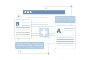 AB Testing Concept, User Feedback, Bug Fixing, Comparison Process, Mobile and Desktop App Development. AB testing concept Comparison of separate wireframe applications A B. Flat illustration. vector