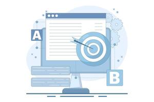 AB Testing Concept, User Feedback, Bug Fixing, Comparison Process, Mobile and Desktop App Development. AB testing concept Comparison of separate wireframe applications A B. flat cartoon design. vector