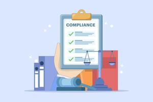 Compliance management concept. List of rules. Clipboard with tasks. Organizing efficient work processes and business ethics. Reviewing list of business rules. Flat cartoon design illustration. vector