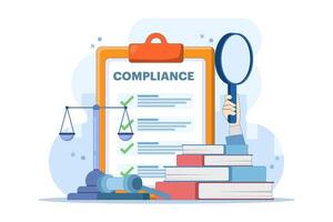 Compliance management concept. List of rules. Clipboard with tasks. Organizing efficient work processes and business ethics. Reviewing the list of business rules. Flat design illustration. vector