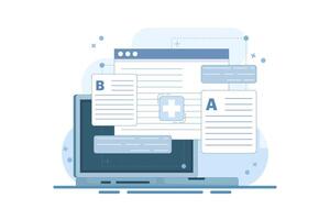 AB Testing Concept, User Feedback, Bug Fixing, Comparison Process, Mobile and Desktop App Development. AB testing concept Comparison of separate wireframe applications A B. flat design. vector