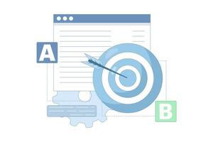 AB Testing Concept, User Feedback, Bug Fixing, Comparison Process, Mobile and Desktop App Development. AB testing concept Comparison of separate wireframe applications A B. flat cartoon. vector