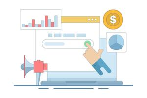 SEO Analysis Concept, SEO tool showing website statistics, and digital marketing strategy analysis with graphs and charts. Simple flat cartoon design illustration on background. vector