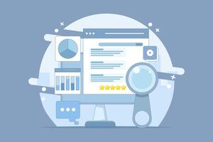 Website SEO Concept, Search Engine Ranking, Website optimization to rank higher on search engine result pages, search engine customer reviews. Flat cartoon design illustration. vector