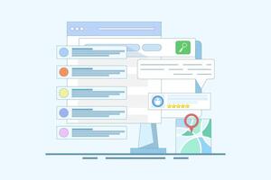 SEO Optimization Concept, Business address in search engine map, Website SEO, Store location in search results. Sitemap creation process. Flat cartoon design illustration. vector