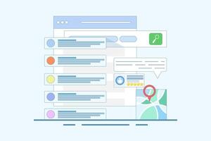 SEO Optimization Concept, Business address in search engine map, Website SEO, Store location in search results. Sitemap creation process. Flat cartoon illustration on background. vector
