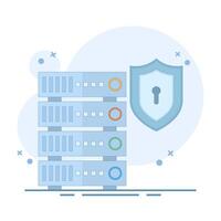 Server data security concept. Data Server with Shield. Secure Data Concept. secure server. Data Center and data protection. Cyber Security Technology, flat cartoon design illustration. vector