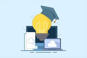 Online education concept, Bachelor's hat on light bulb with computer, smartphone, tablet, online courses, distance learning, self-education, digital library. Flat design illustration. vector