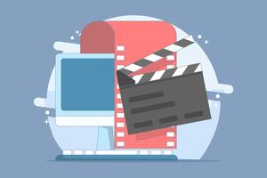 film editing concept created on pc computer, flat graphic illustration, online motion content production, digital montage image, clip art, animation studio design. flat illustration. vector