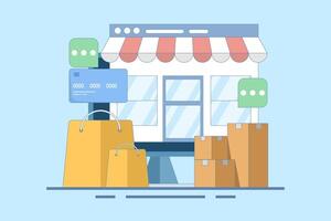 Online shopping concept on website or mobile app, marketing and digital marketing. Online shopping store on website. Digital store promotion, online payment, delivery, sales. Flat design illustration. vector