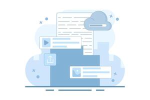 Cloud service concept. Data storage. Files uploaded to cloud storage. Uploading files, storage and processing of scene data sets. Flat Cartoon Illustration on background. vector