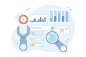 Technical SEO concept, Website optimization for search engines, loading speed, website analysis, Website bug fixes, technical problem solving. flat illustration on Background with icons. vector