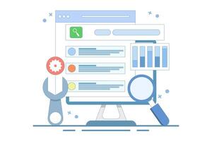 Technical SEO concept, Website optimization for search engines, loading speed, website analysis, Website bug fixes, technical problem solving. flat cartoon illustration on Background with icons. vector