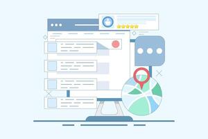 SEO Optimization Concept, Business address in search engine map, Website SEO, Store location in search results. Sitemap creation process. Flat cartoon design illustration on background. vector