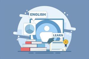 Online English education course with PC Computer, certificate frame, books, private tutor service, internet class, online teaching. Online tutorial. Digital marketing illustration. vector