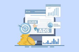 Pay per click concept for websites. Advertising on the internet, clicking ads, pay per click system. PPC advertising strategies, clicking ads and more. Flat cartoon design illustration on background. vector